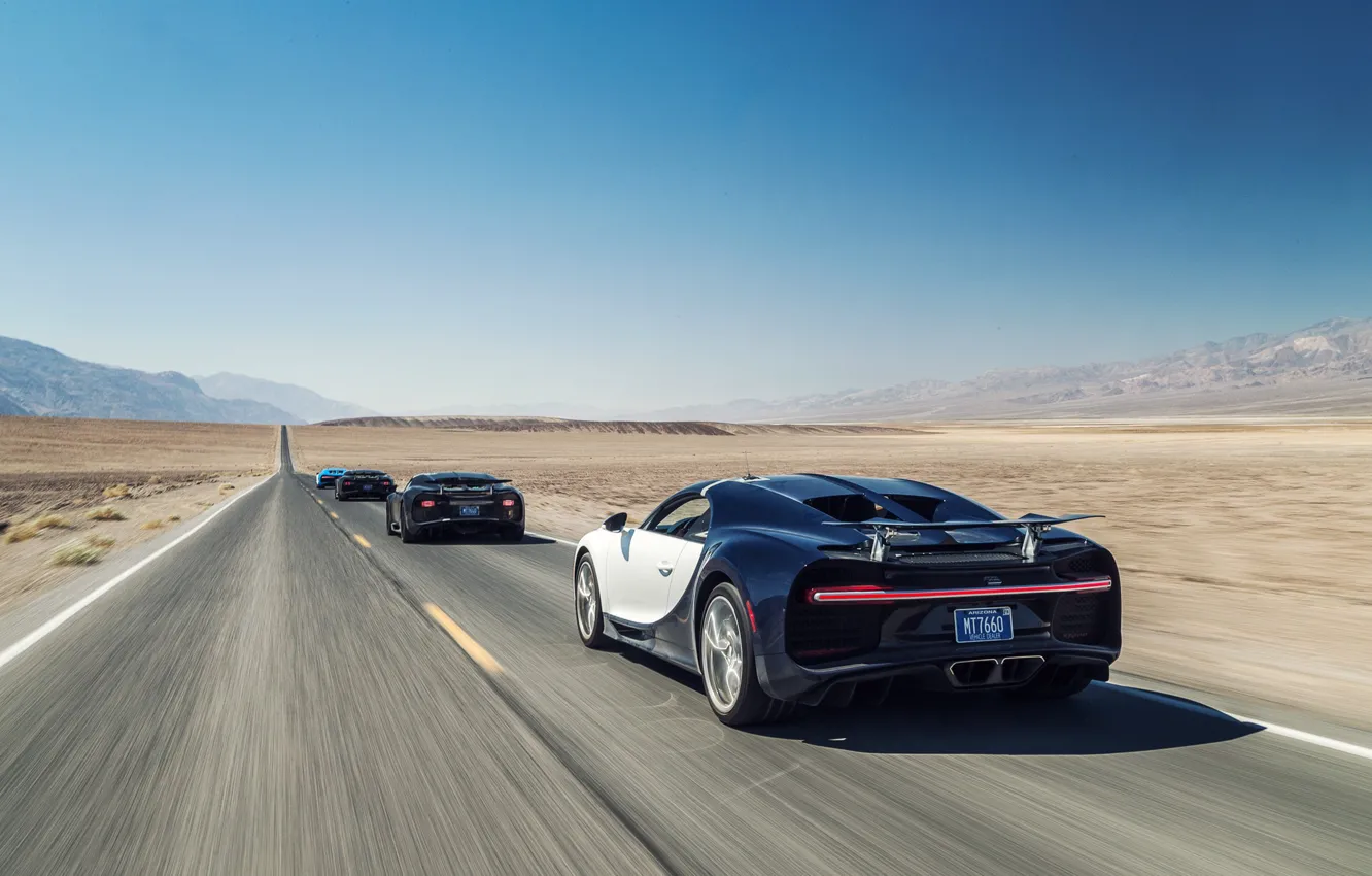 Photo wallpaper car, Bugatti, supercar, desert, race, speed, sand, asphalt