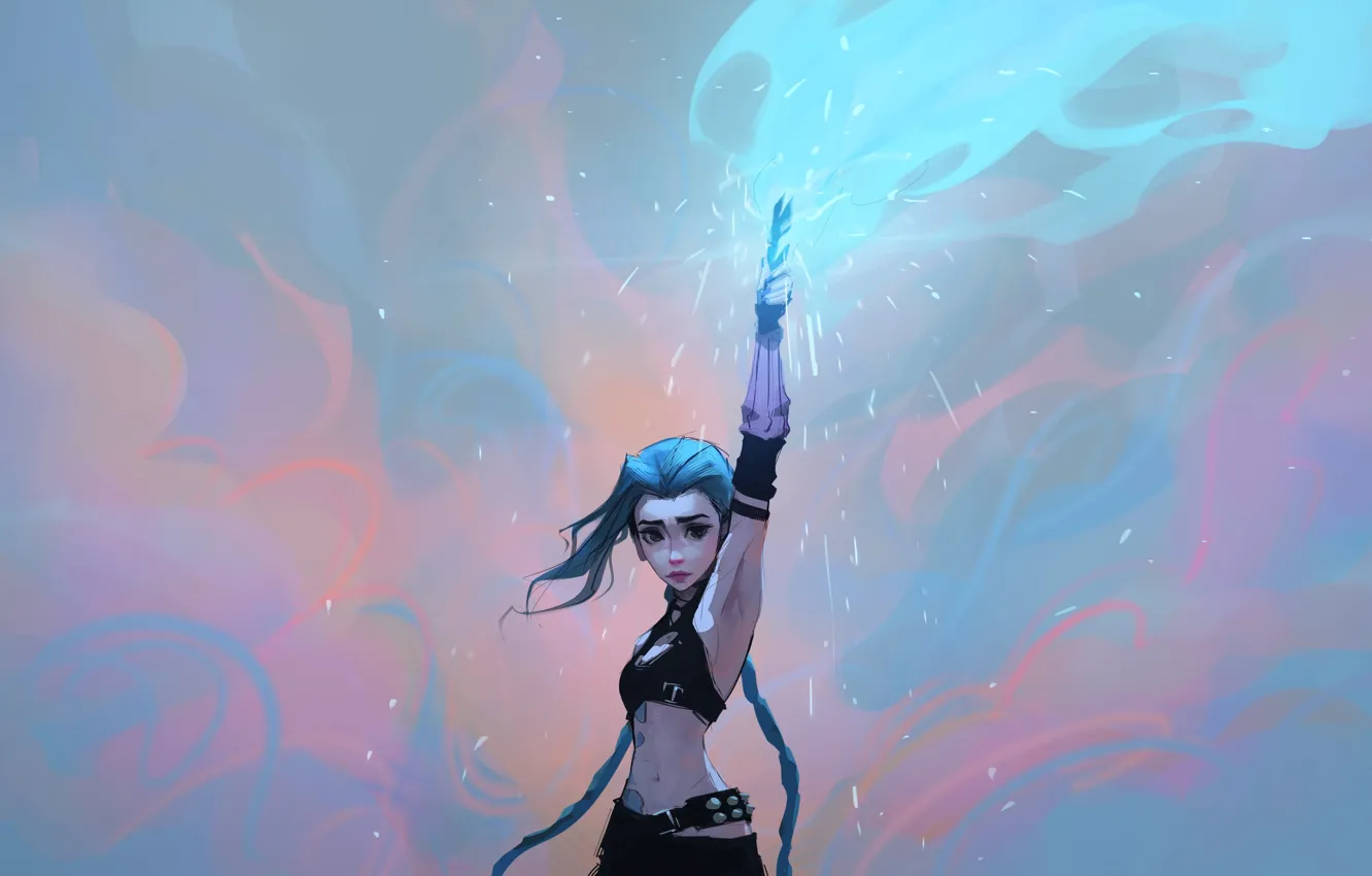 Photo wallpaper girl, gesture, blue hair, digital art, Jinx, raised hand, Sam Yang, Sam Young
