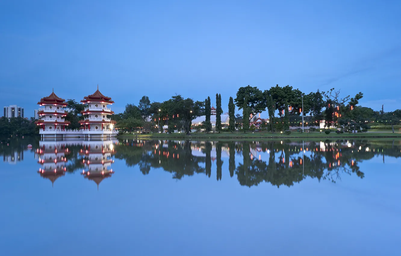 Photo wallpaper the sky, trees, lake, reflection, the evening, Singapore, architecture, blue