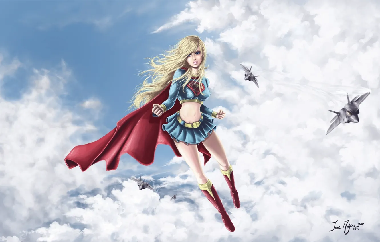 Photo wallpaper clouds, flight, aircraft, costume, cloak, superhero, Supergirl