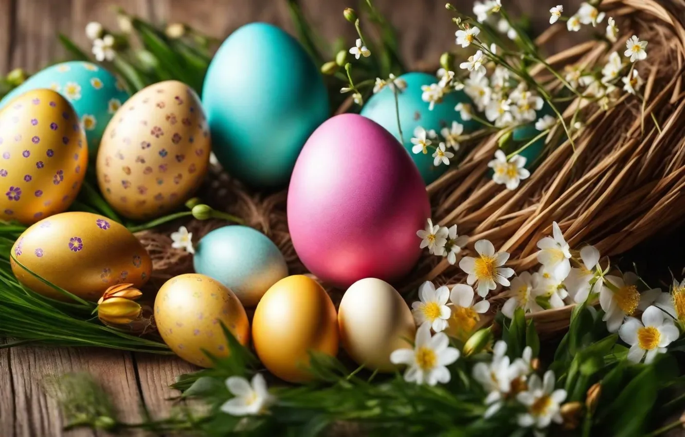 Photo wallpaper flowers, eggs, spring, colorful, Easter, happy, flowers, spring