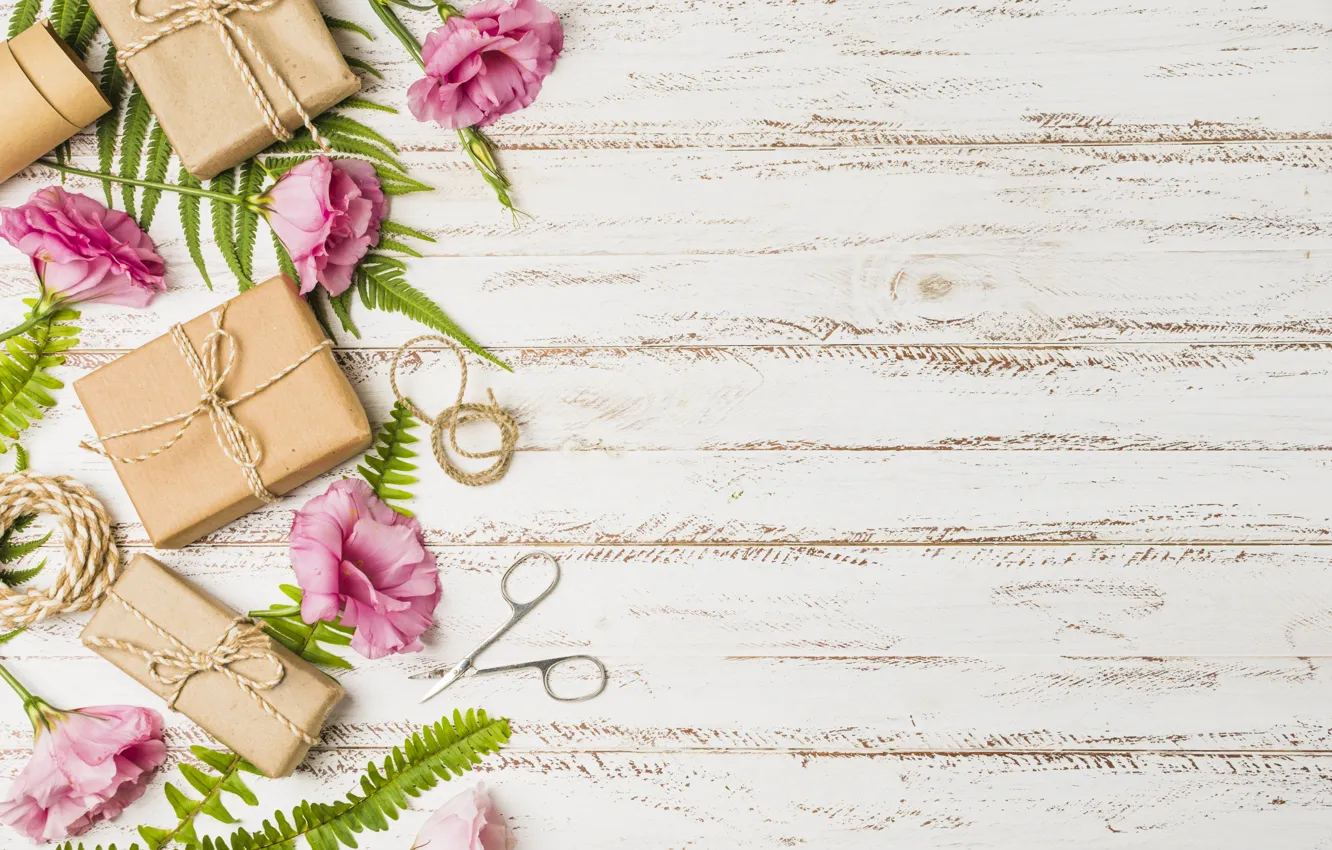 Photo wallpaper flowers, gift, pink, pink, flowers, eustoma, gift box, eustoma