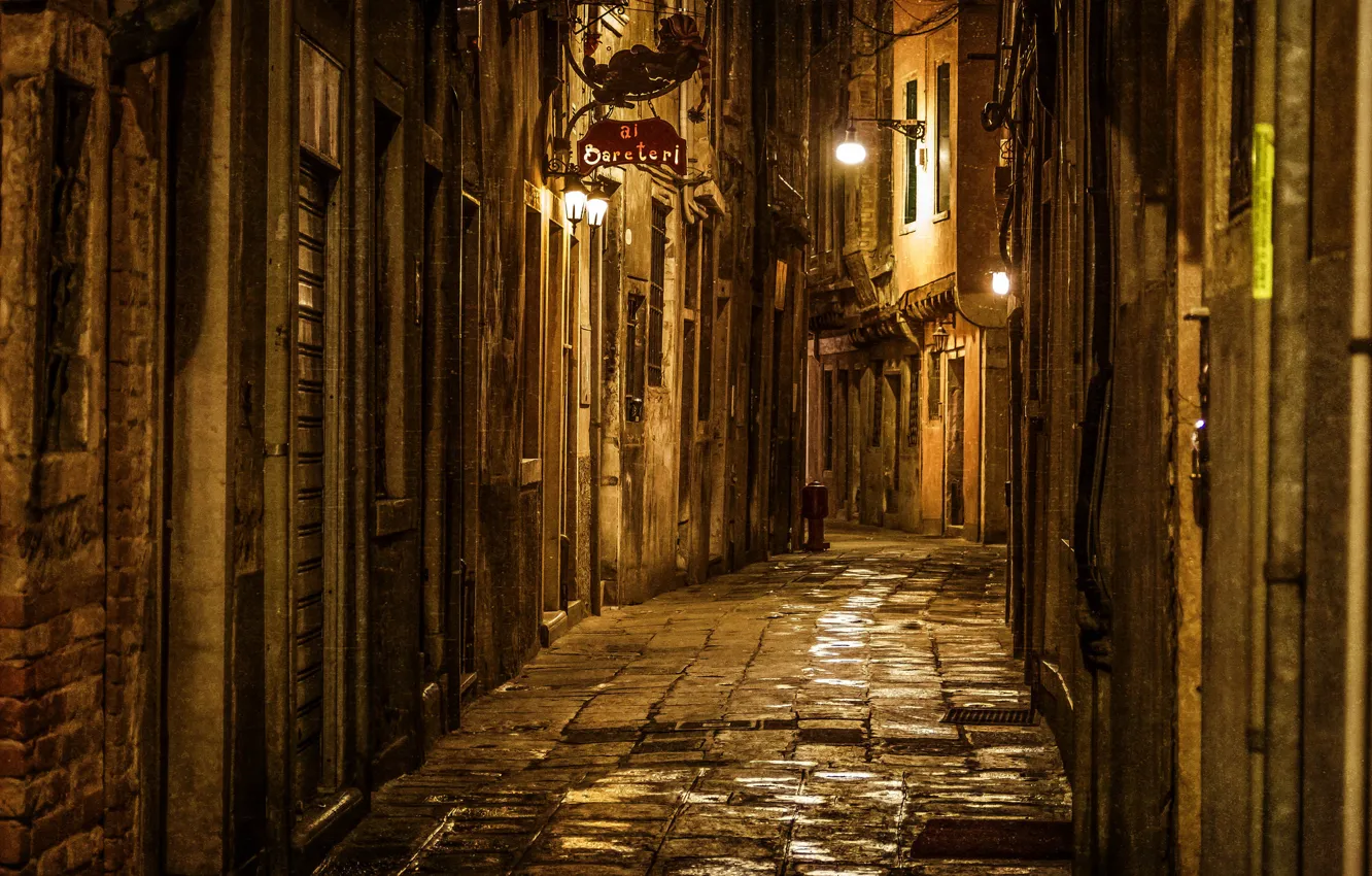 Photo wallpaper road, light, night, the city, stones, street, the evening, Italy