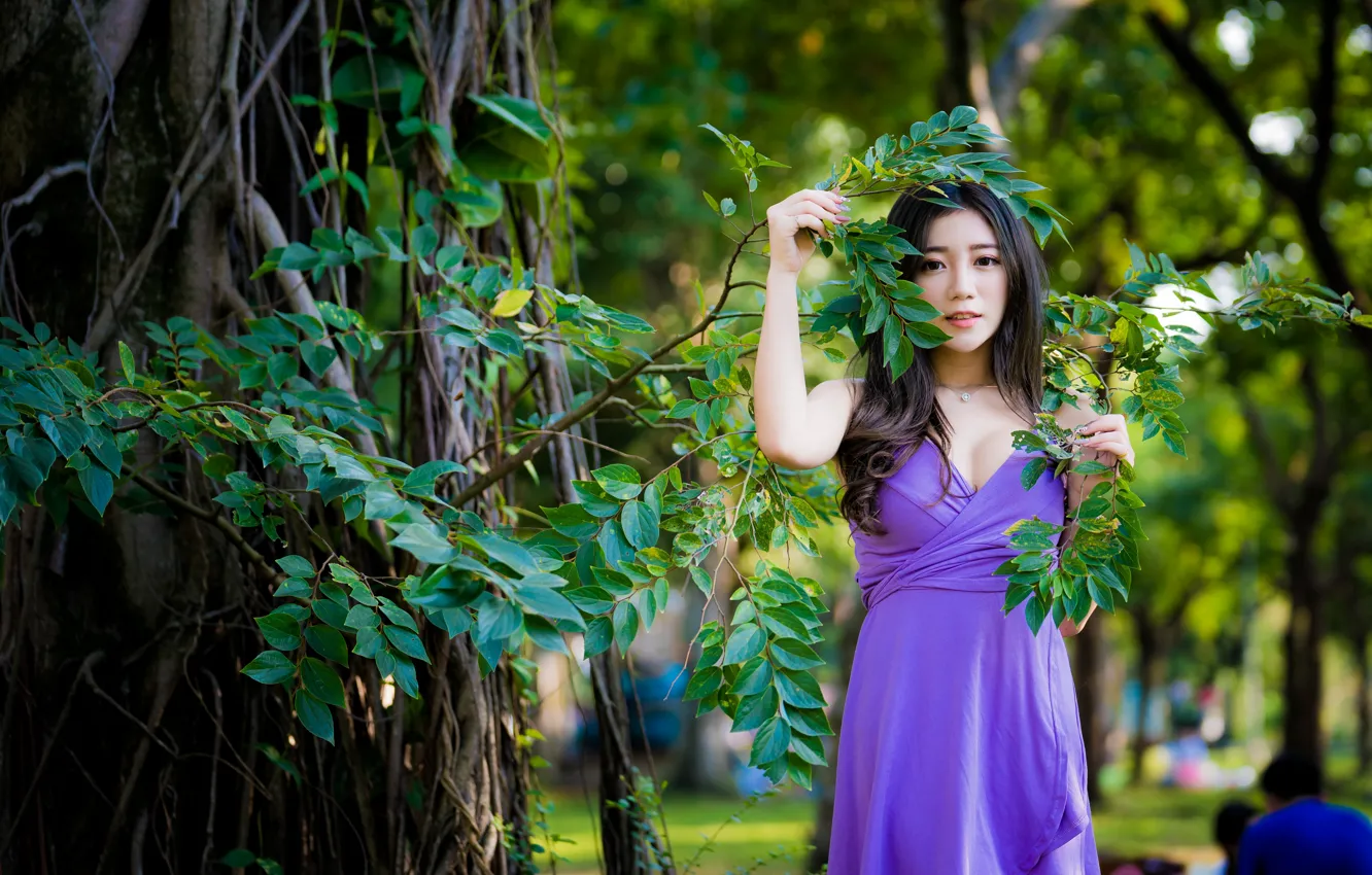 Photo wallpaper leaves, girl, branches, dress, Asian, cutie