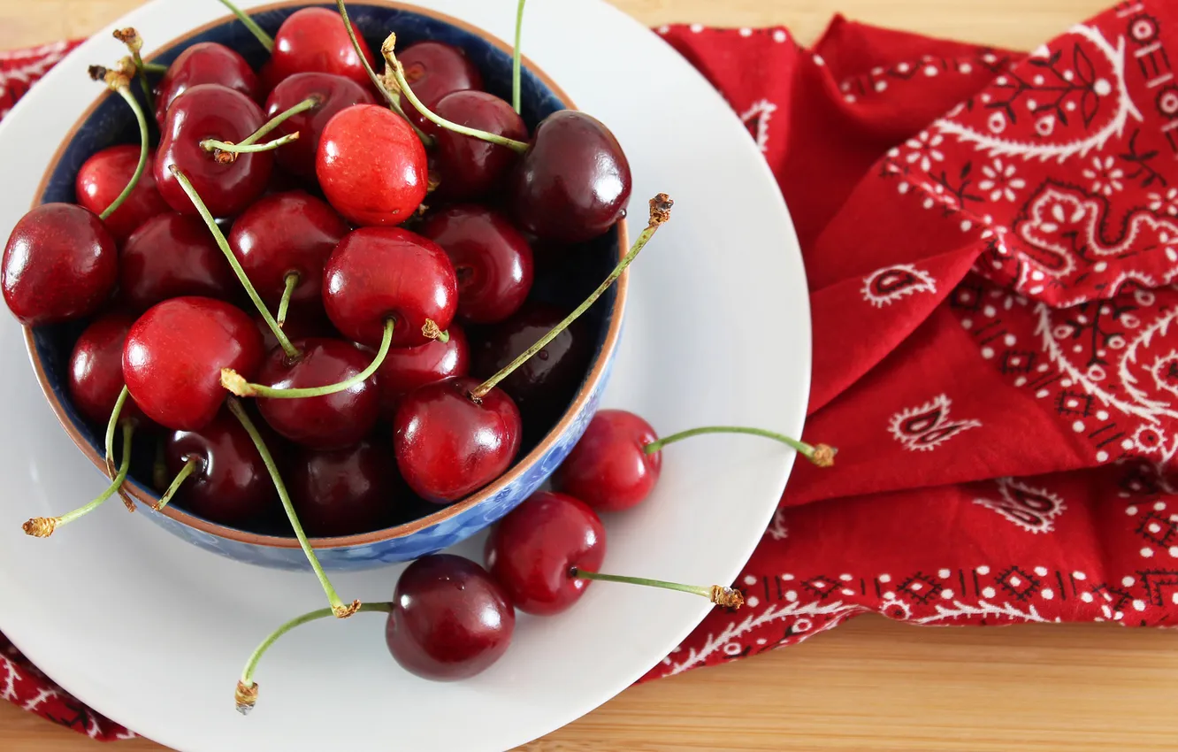 Photo wallpaper cherry, berries, plate, red, cherry, napkin