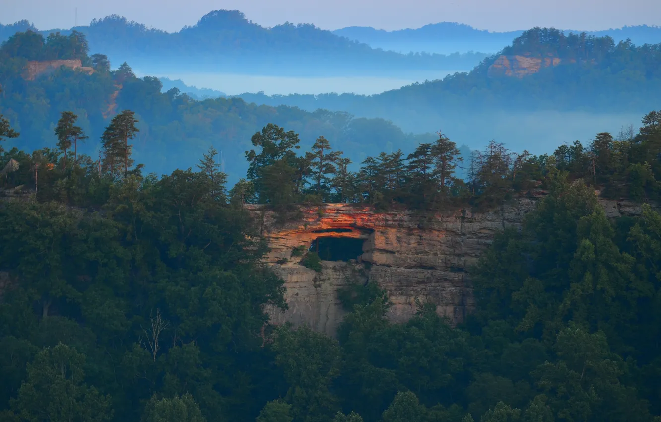Photo wallpaper landscape, nature, fog, rocks, valley
