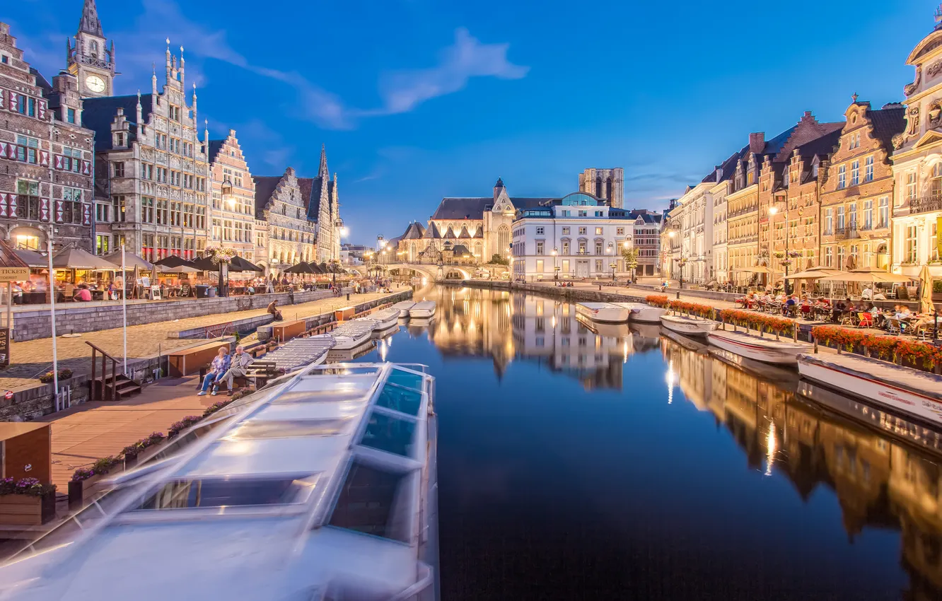 Photo wallpaper the sky, bridge, lights, river, people, ship, home, Belgium