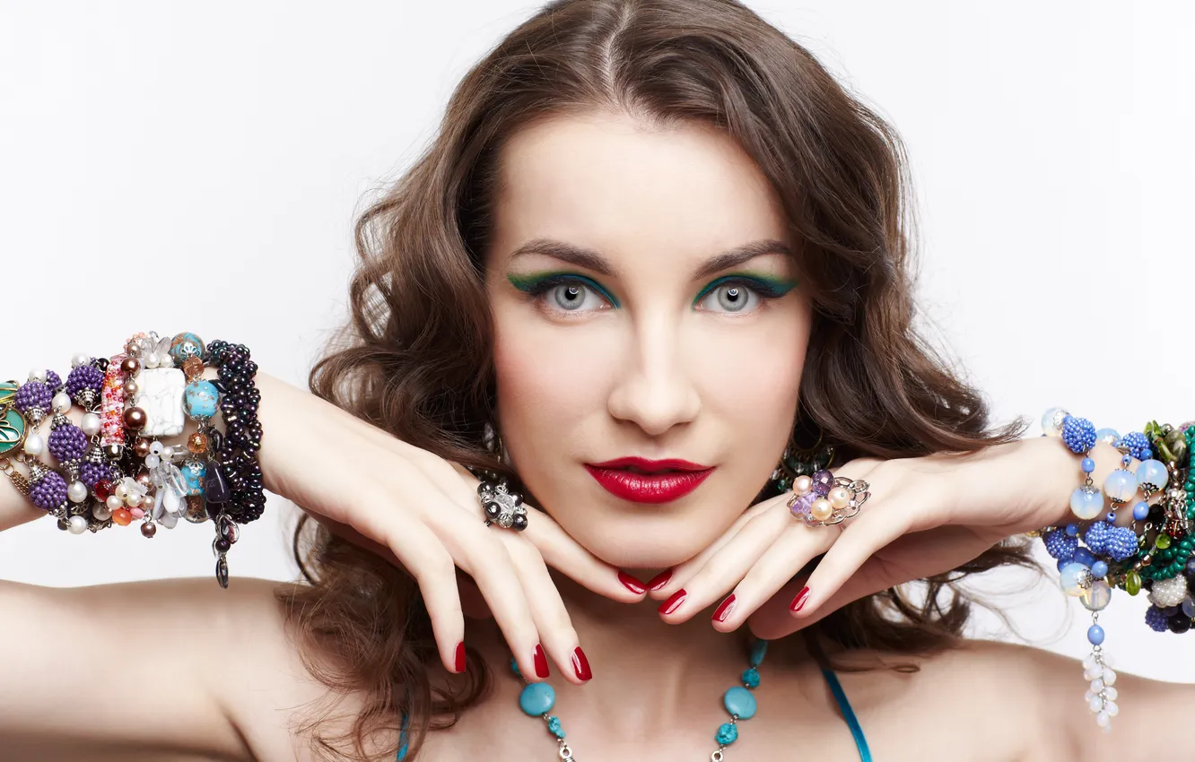 Photo wallpaper makeup, beads, bracelet, brown hair, curls