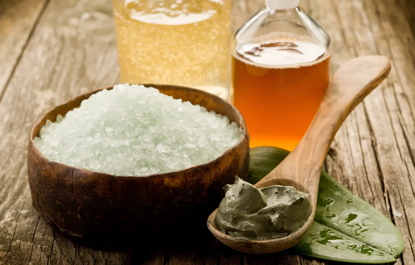 Photo wallpaper table, Spa, clay, bowl, salt, the bottles