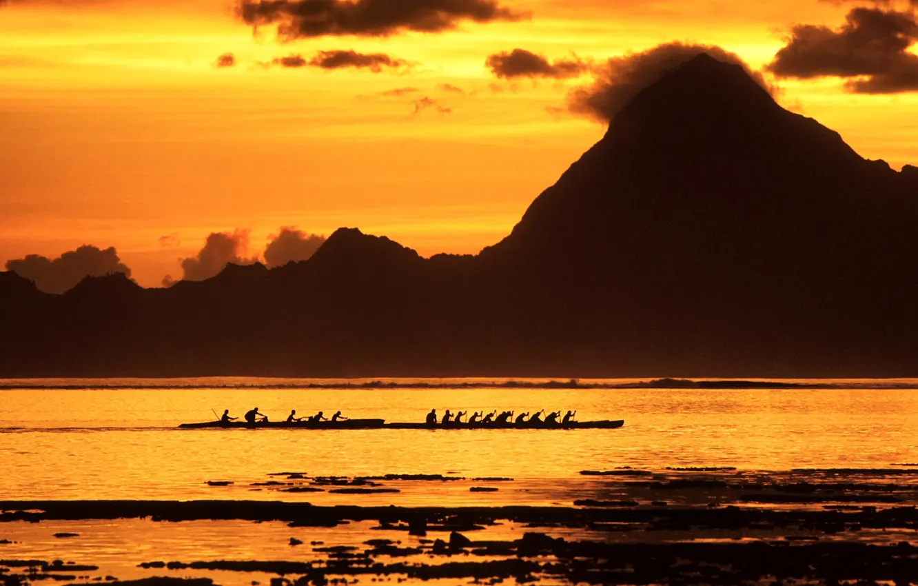 Photo wallpaper sea, mountains, boat, Tahiti, French Polynesia, Society Islands