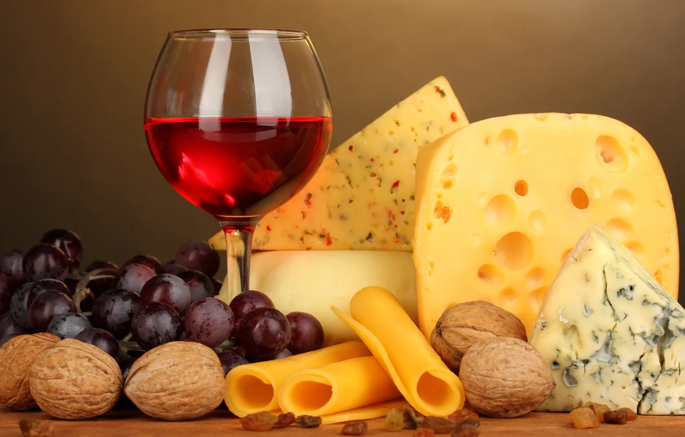 Photo wallpaper wine, red, glass, cheese, grapes, nuts, raisins