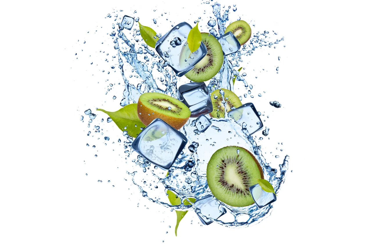 Photo wallpaper ice, water, kiwi, ice, leaves, water, leaves, kiwi fruit