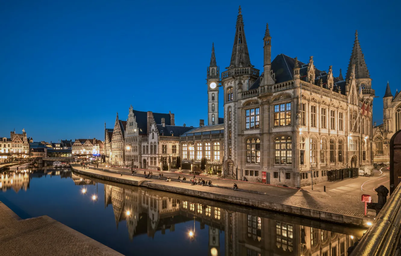 Photo wallpaper lights, the evening, Belgium, water channel, Ghent