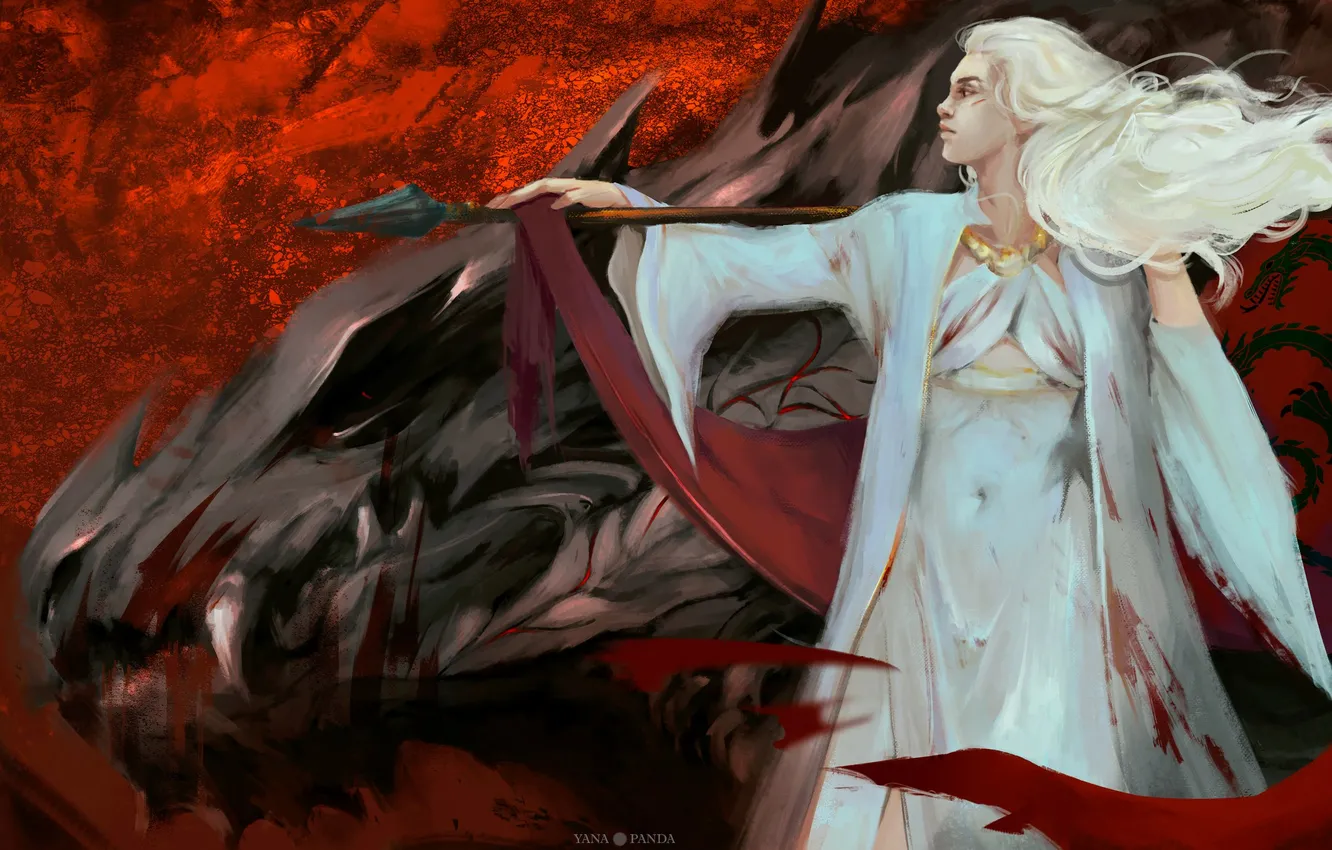 Photo wallpaper girl, dragon, spear, by Panda