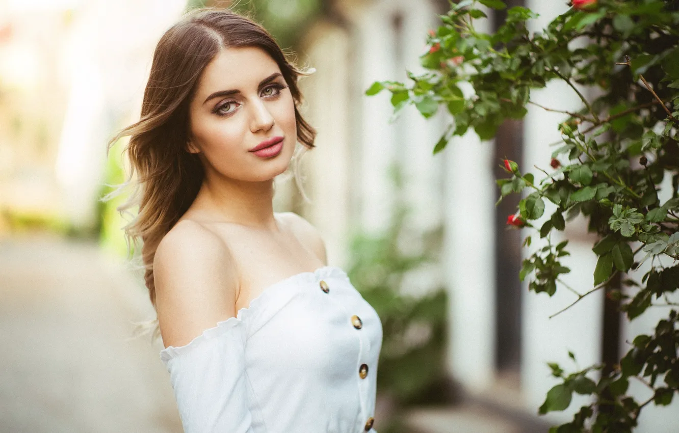 Photo wallpaper eyes, look, girl, model, hair, lips, beautiful, flowers