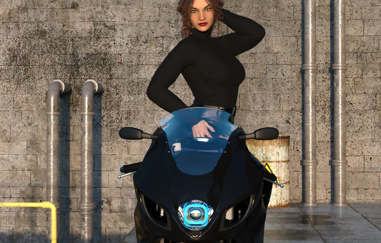 Photo wallpaper girl, wall, motorcycle