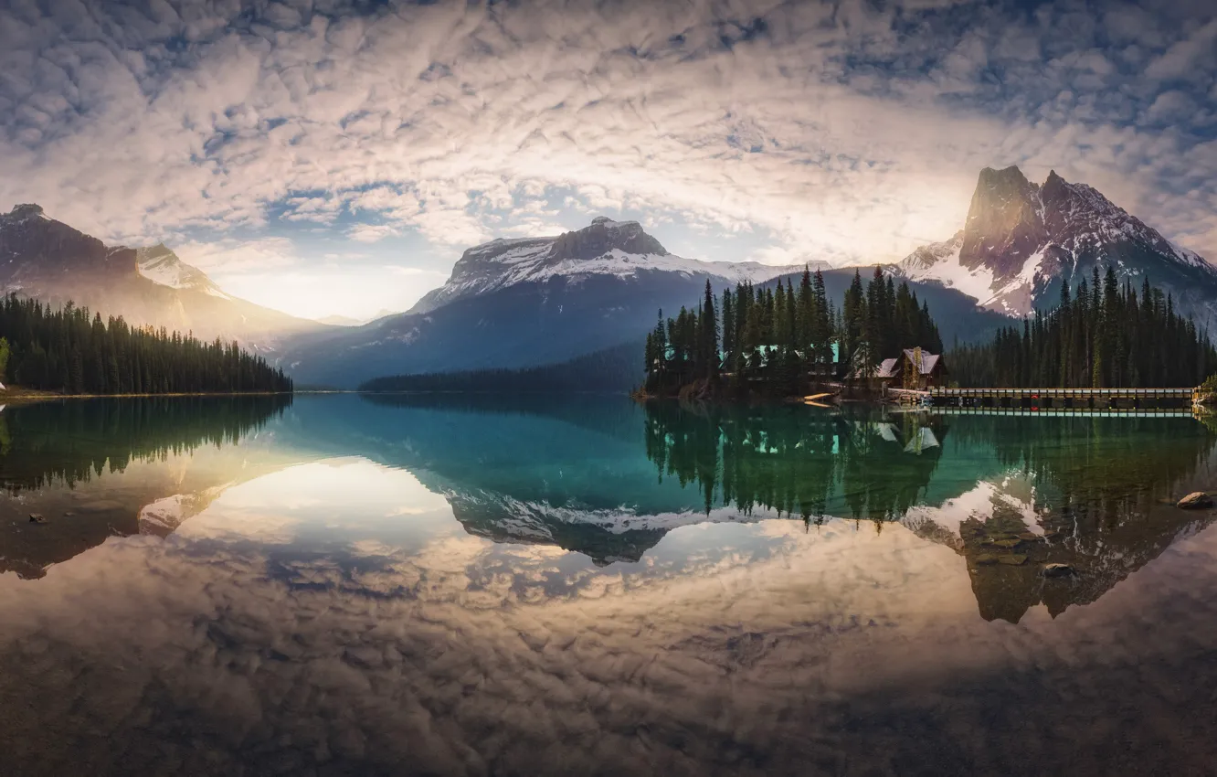 Photo wallpaper forest, mountains, home, morning, Canada