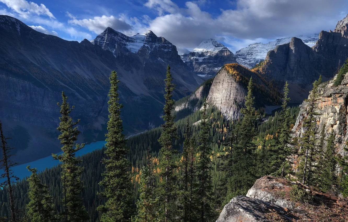 Photo wallpaper forest, mountains, pond