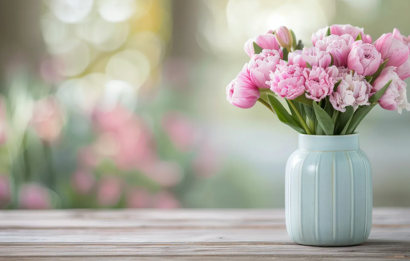 Photo wallpaper flowers, table, holiday, Board, tulips, vase, pink, buds