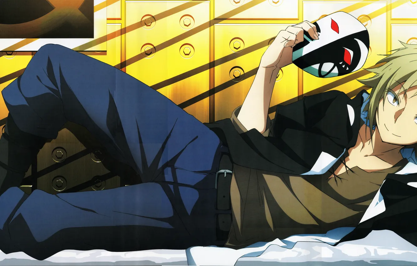 Photo wallpaper Kagerou days, wall, guy, strap, by Shuuya Kano, pants, bed, mask