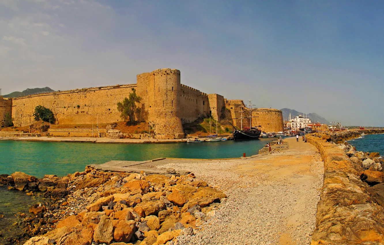Photo wallpaper sea, landscape, stones, wall, coast, ships, fortress, Cyprus