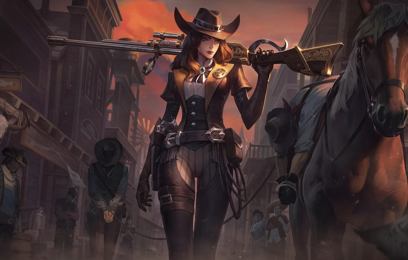 Photo wallpaper horse, League of Legends, LoL, Cowgirl, Game Art, game character, girl art, Caitlyn (League of …