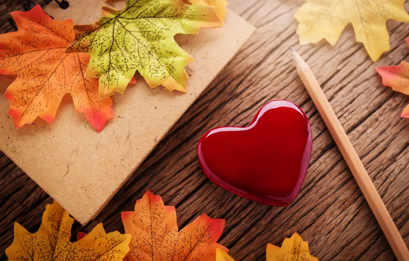 Photo wallpaper autumn, leaves, love, heart, red, love, heart, wood