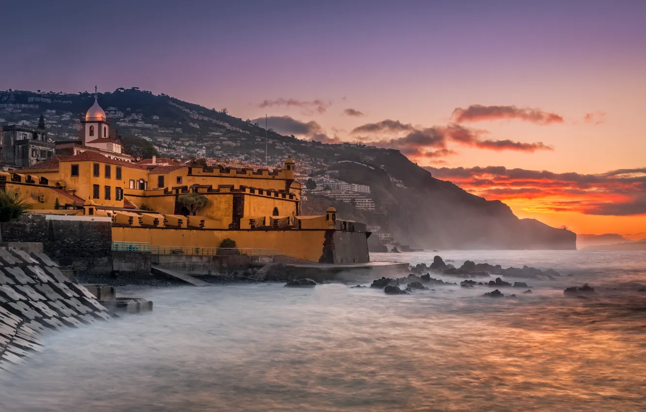 Photo wallpaper landscape, mountains, nature, the ocean, dawn, morning, fortress, Portugal