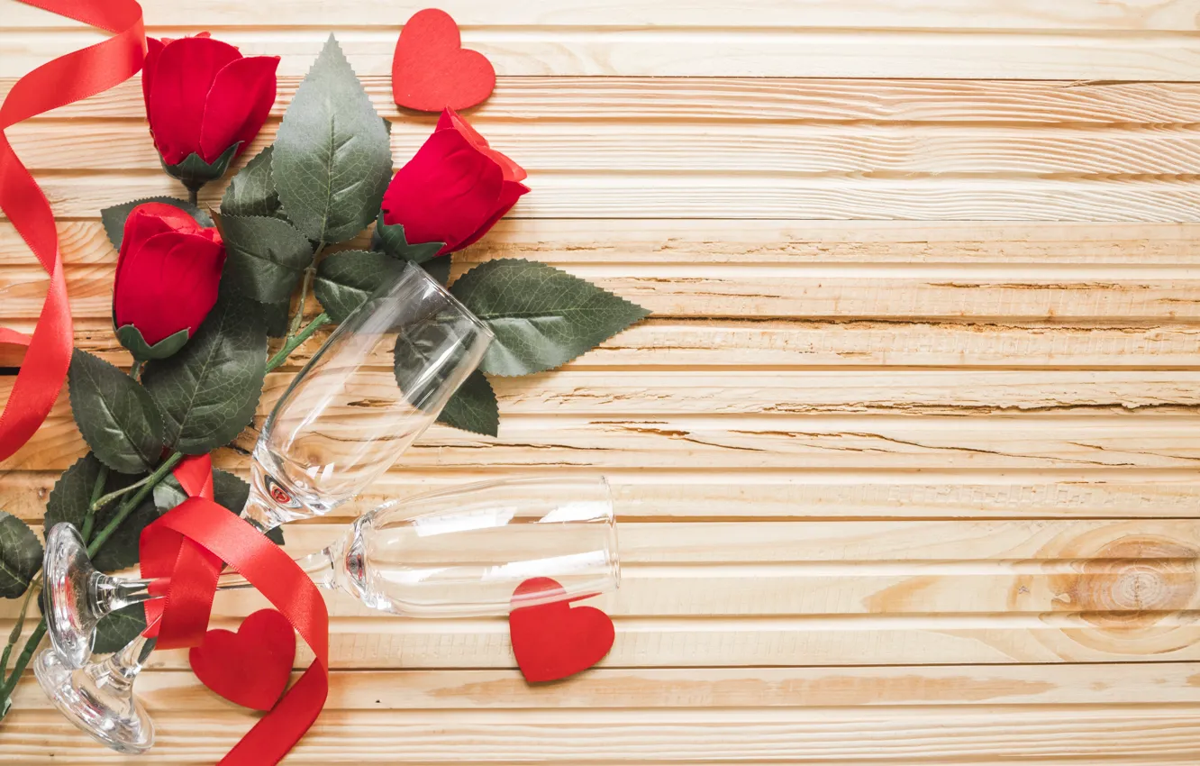 Photo wallpaper holiday, glass, roses, tape, hearts, Valentine's day, Day Svatovo Valentine