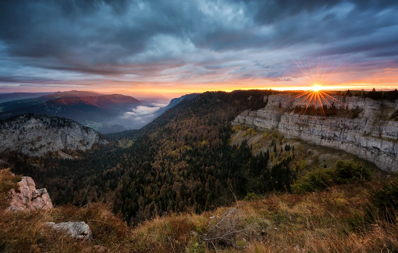 Photo wallpaper mountains, dawn, morning, Switzerland, Creux du Van