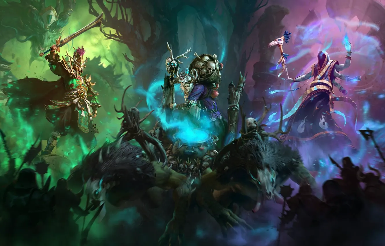 Photo wallpaper forest, weapons, magic, attack, smoke, people, skull, battle