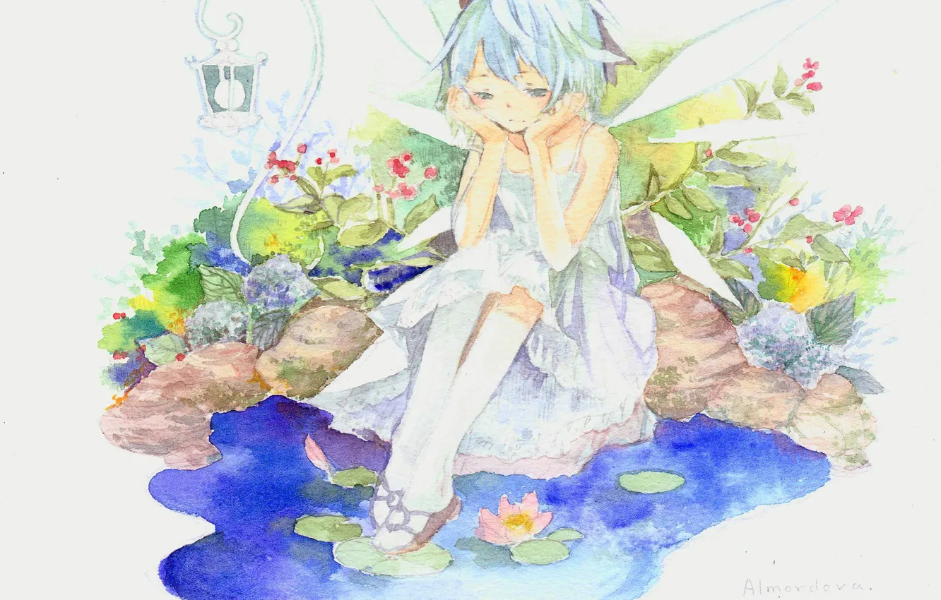 Photo wallpaper pond, lantern, knee, wings, blue hair, sad, Nymphaeum, Cirno