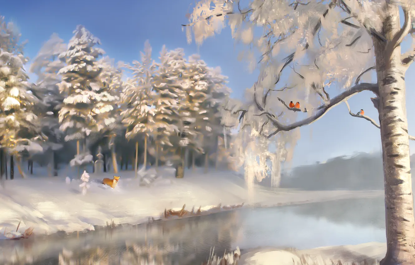 Photo wallpaper winter, snow, trees, landscape, river, earth, Fox, Fox