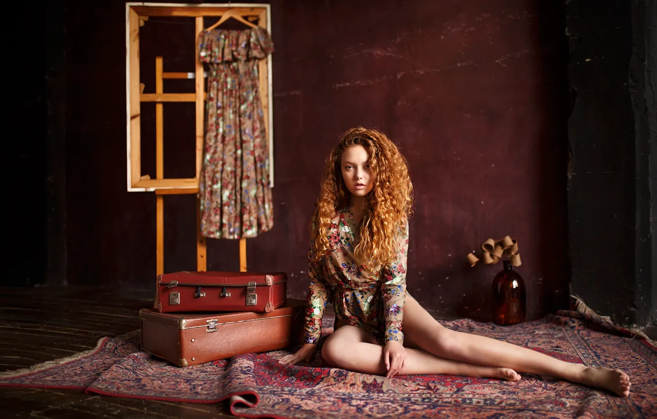 Photo wallpaper look, girl, pose, carpet, dress, red, curls, redhead