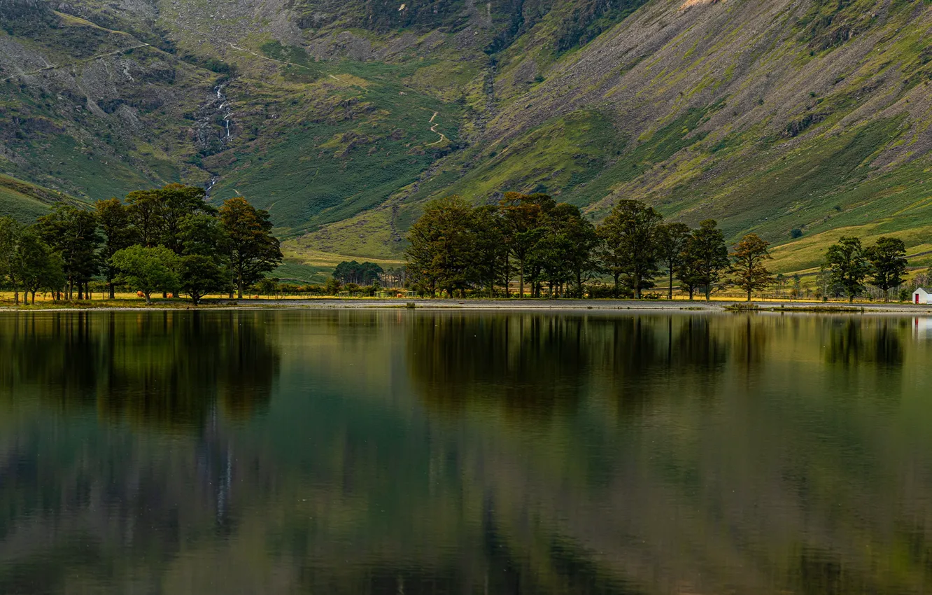 Photo wallpaper trees, mountains, lake, England, house, Buttermere, Allerdale District