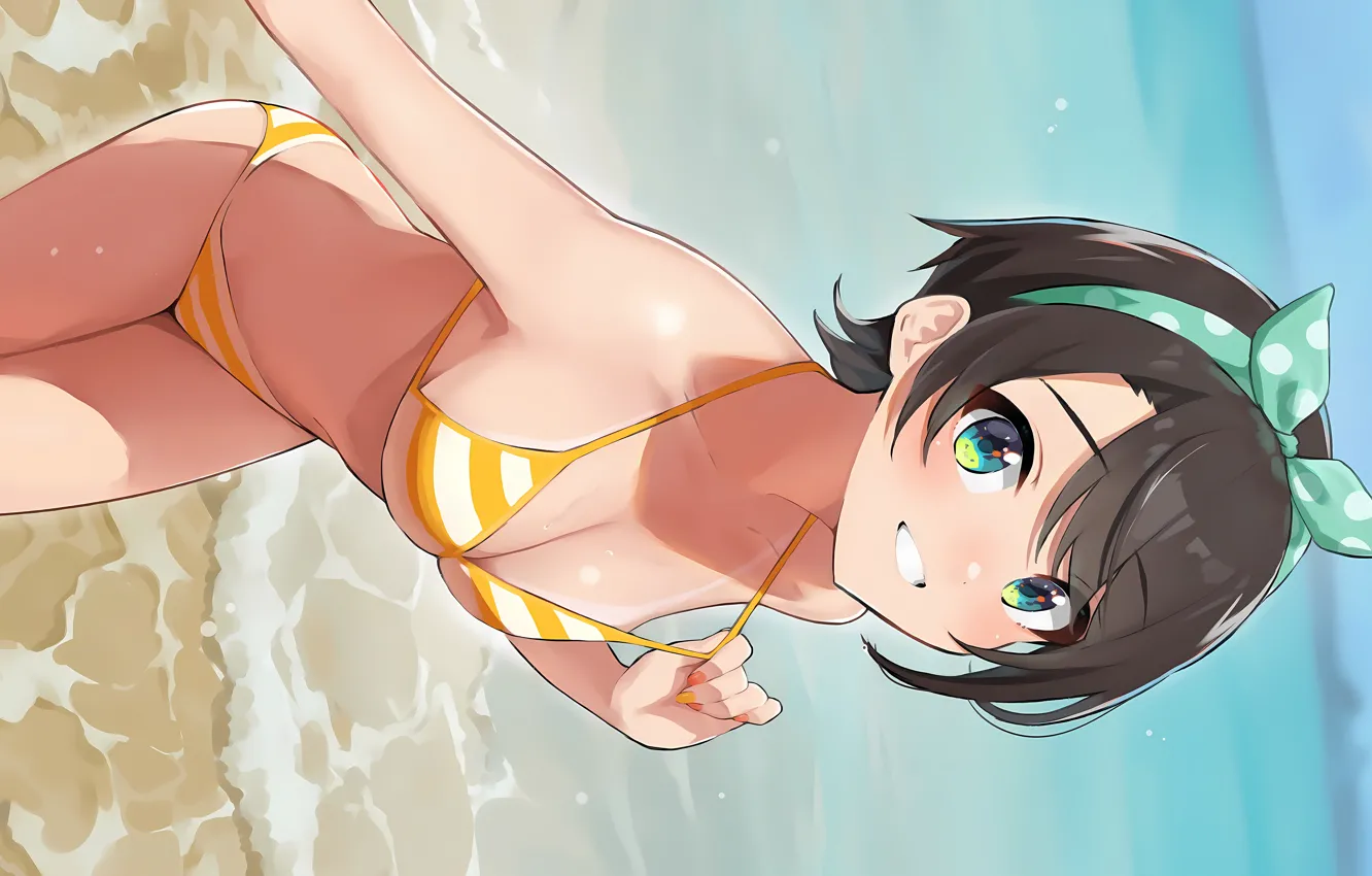 Photo wallpaper girl, sexy, cleavage, beach, sea, brown hair, boobs, anime