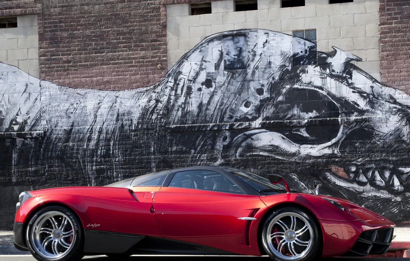Photo wallpaper Red, Figure, Machine, Dinosaur, Red, Pagani, Car, Car