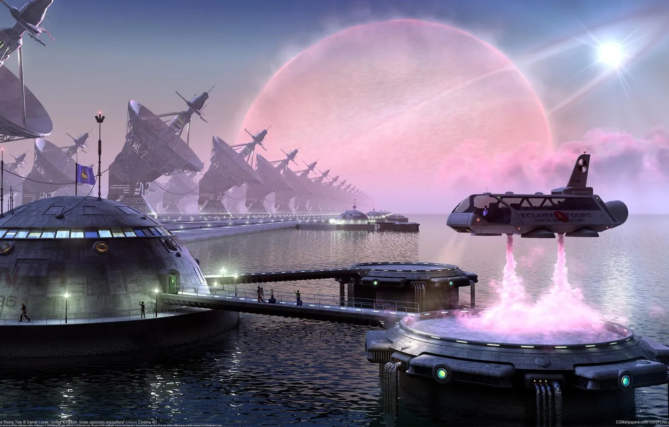 Photo wallpaper sea, water, people, ship, planet, antenna, station, flag