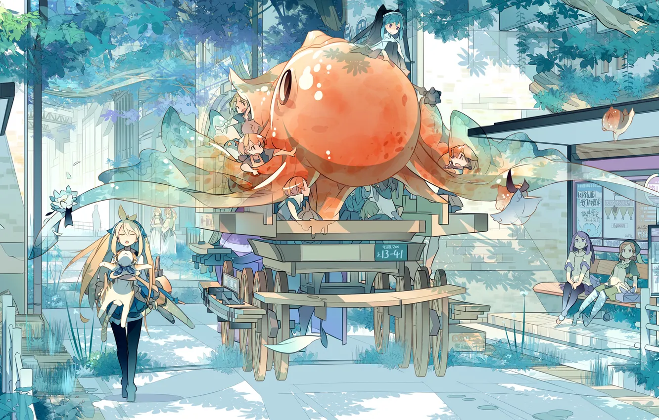 Photo wallpaper cat, girl, trees, children, weapons, sign, people, home