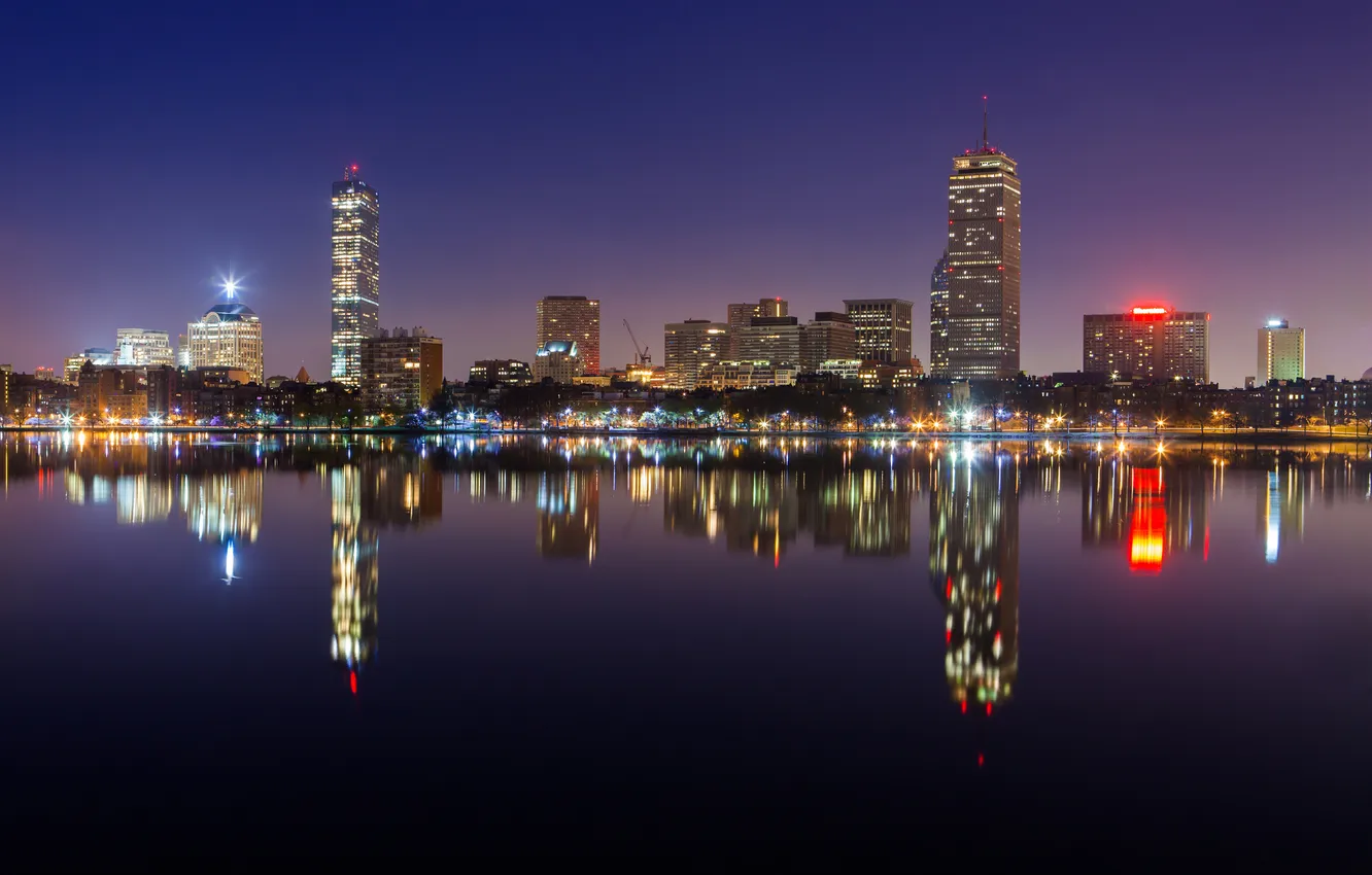 Photo wallpaper night, the city, lights, reflection, the ocean, panorama, Boston skyline