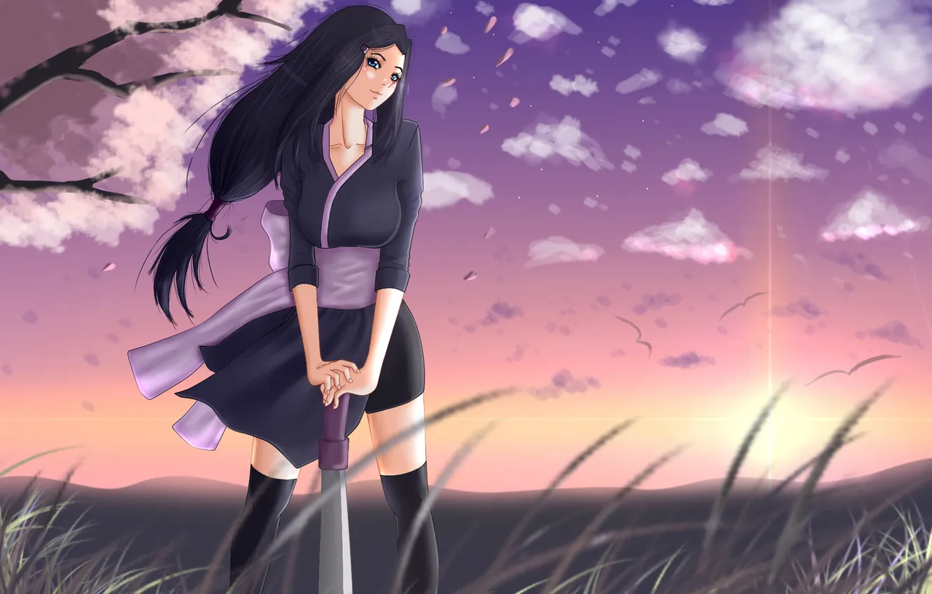 Photo wallpaper grass, girl, clouds, the wind, bird, sword, petals, Sakura