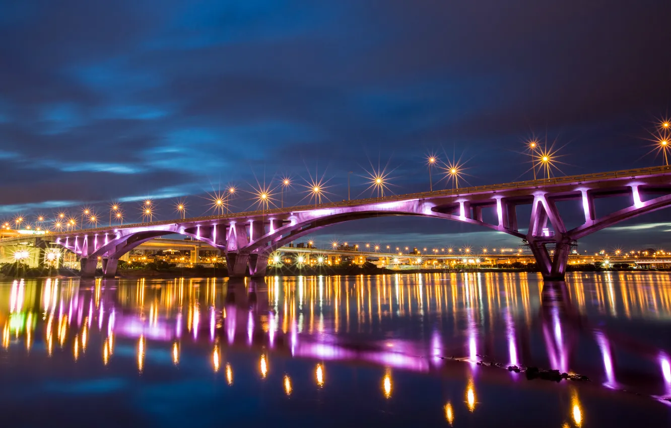 Photo wallpaper night, bridge, city, lights, lights, reflection, river, China