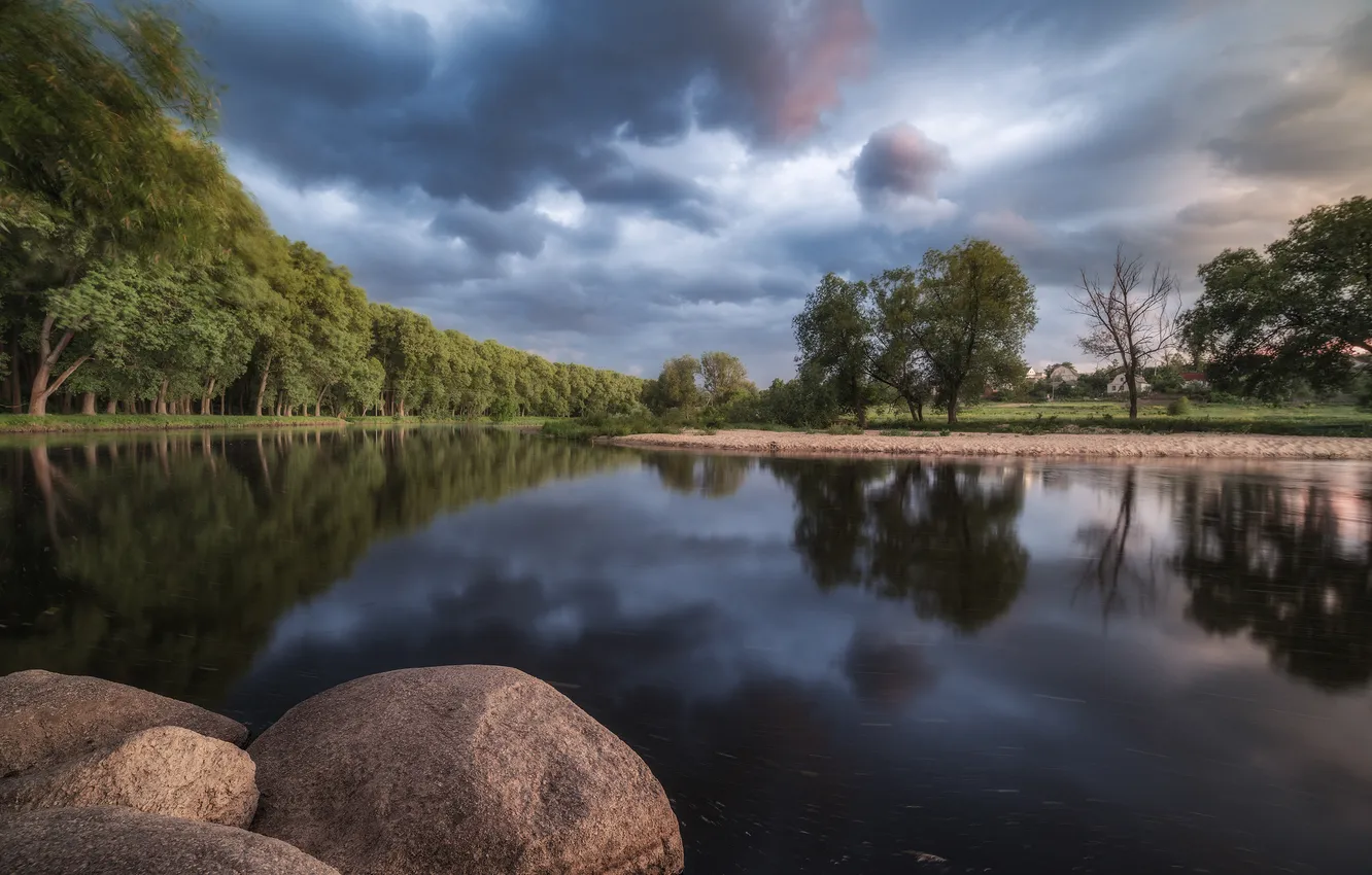 Photo wallpaper clouds, trees, river, beauty, the reflection in the water, boulders, Chorny Alexander