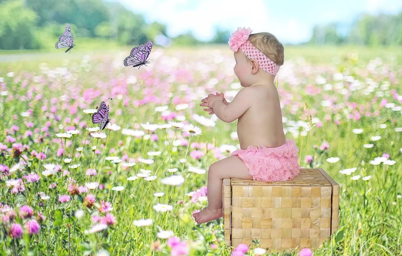 Photo wallpaper butterfly, girl, box, baby