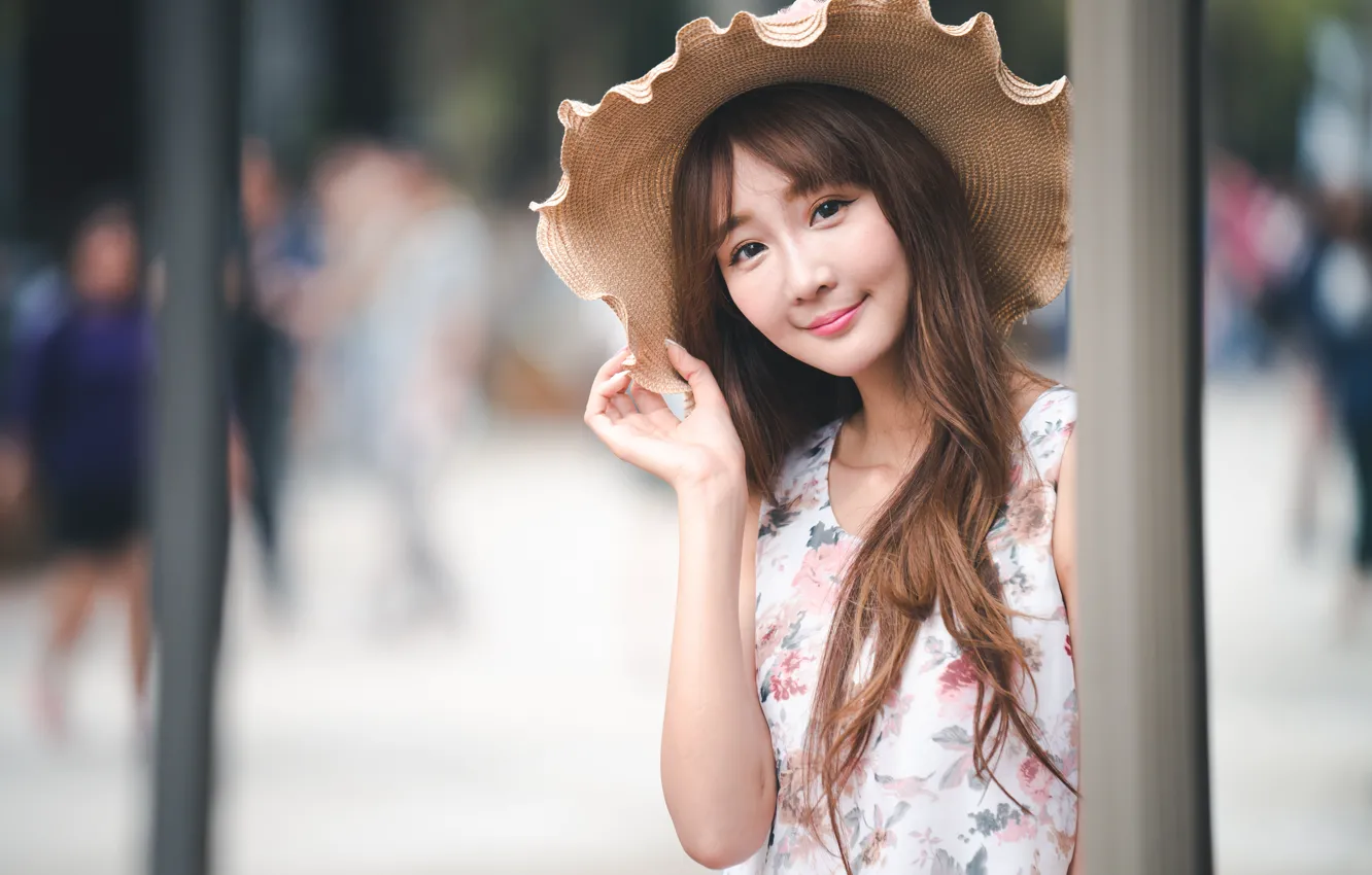 Photo wallpaper look, girl, smile, hair, hat, Asian, bokeh