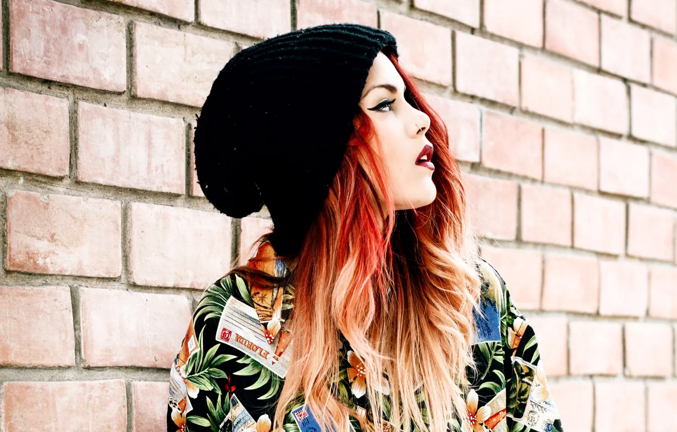 Photo wallpaper girl, wall, hat, red hair