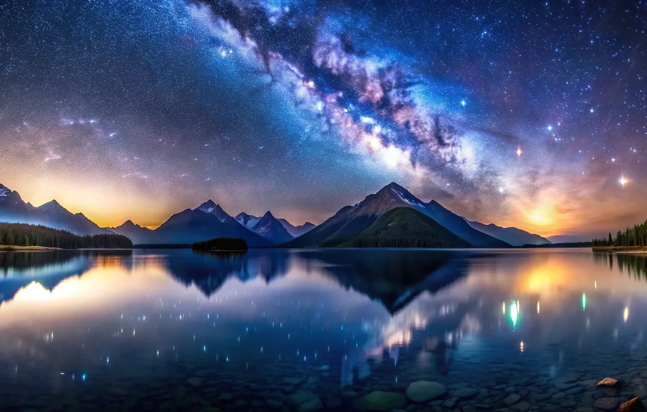 Photo wallpaper forest, the sky, stars, clouds, landscape, mountains, night, nature