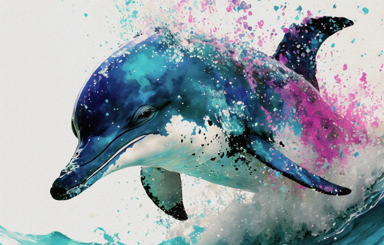 Photo wallpaper water, Dolphin, jump, painting, face, imitation painting, AI art, neural network