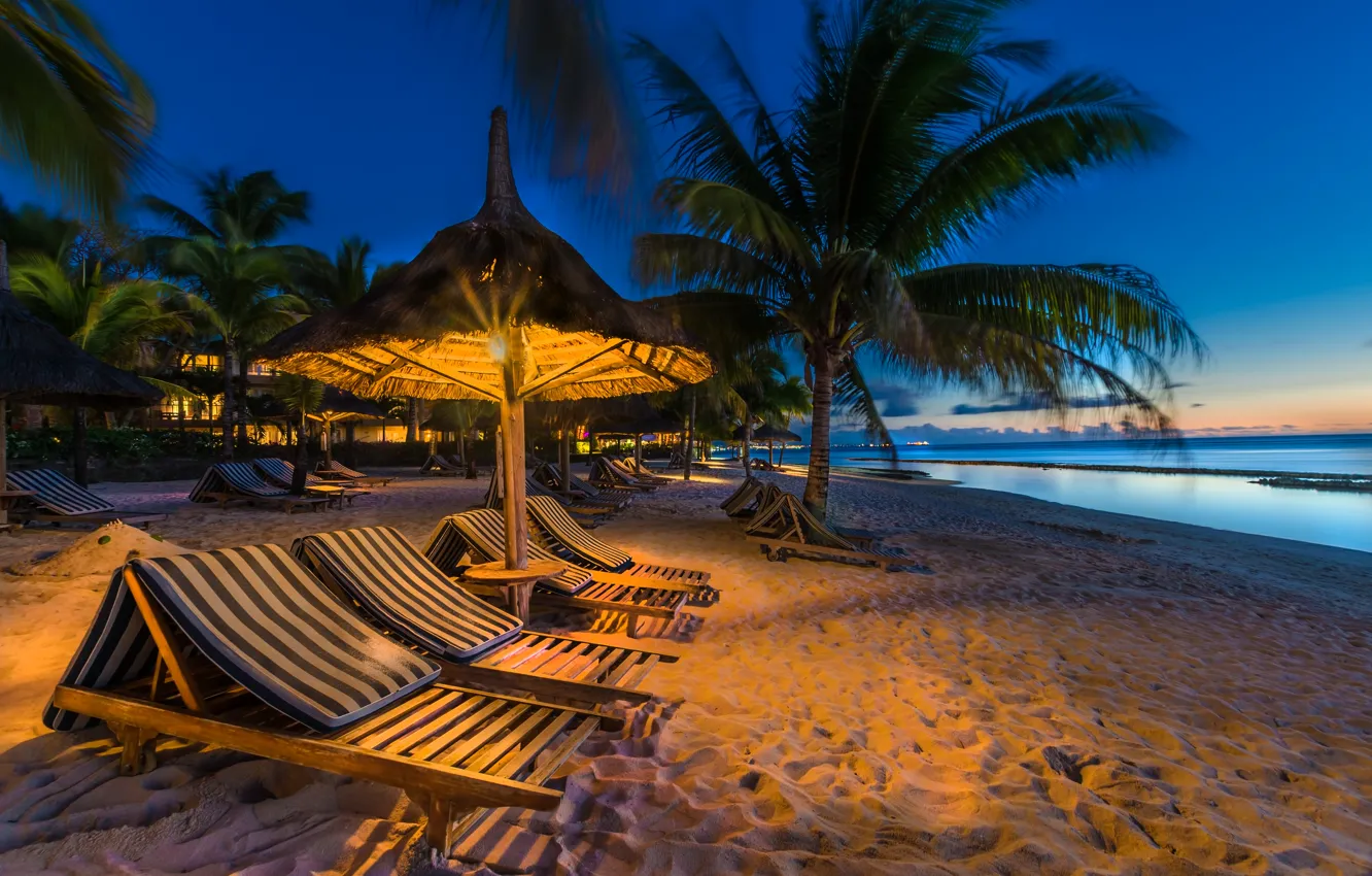 Photo wallpaper sand, sea, beach, lights, tropics, palm trees, coast, island