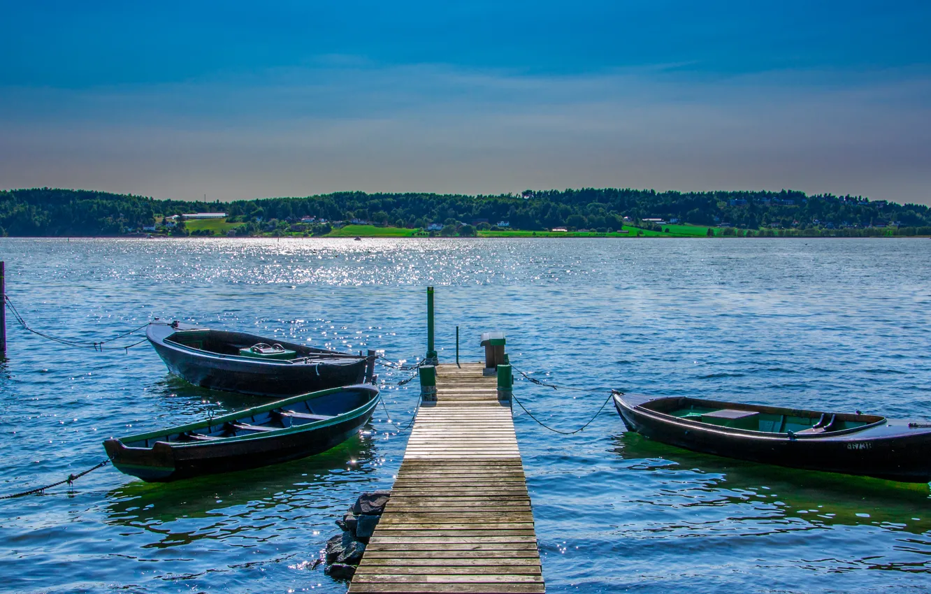 Photo wallpaper sea, the sky, trees, bridge, boat, home